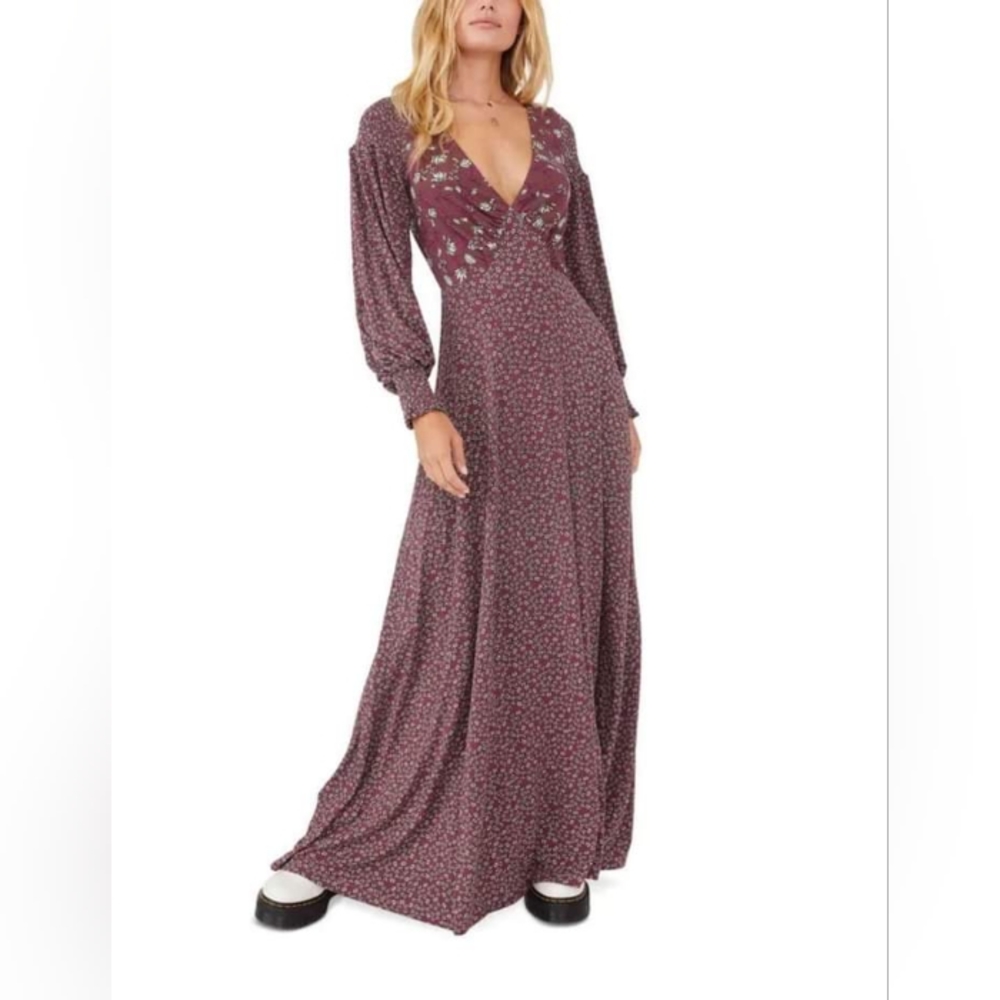 NEW Free People Women Love Story Maxi Dress Raisin Combo Burgundy Brown Floral M - Picture 2 of 16